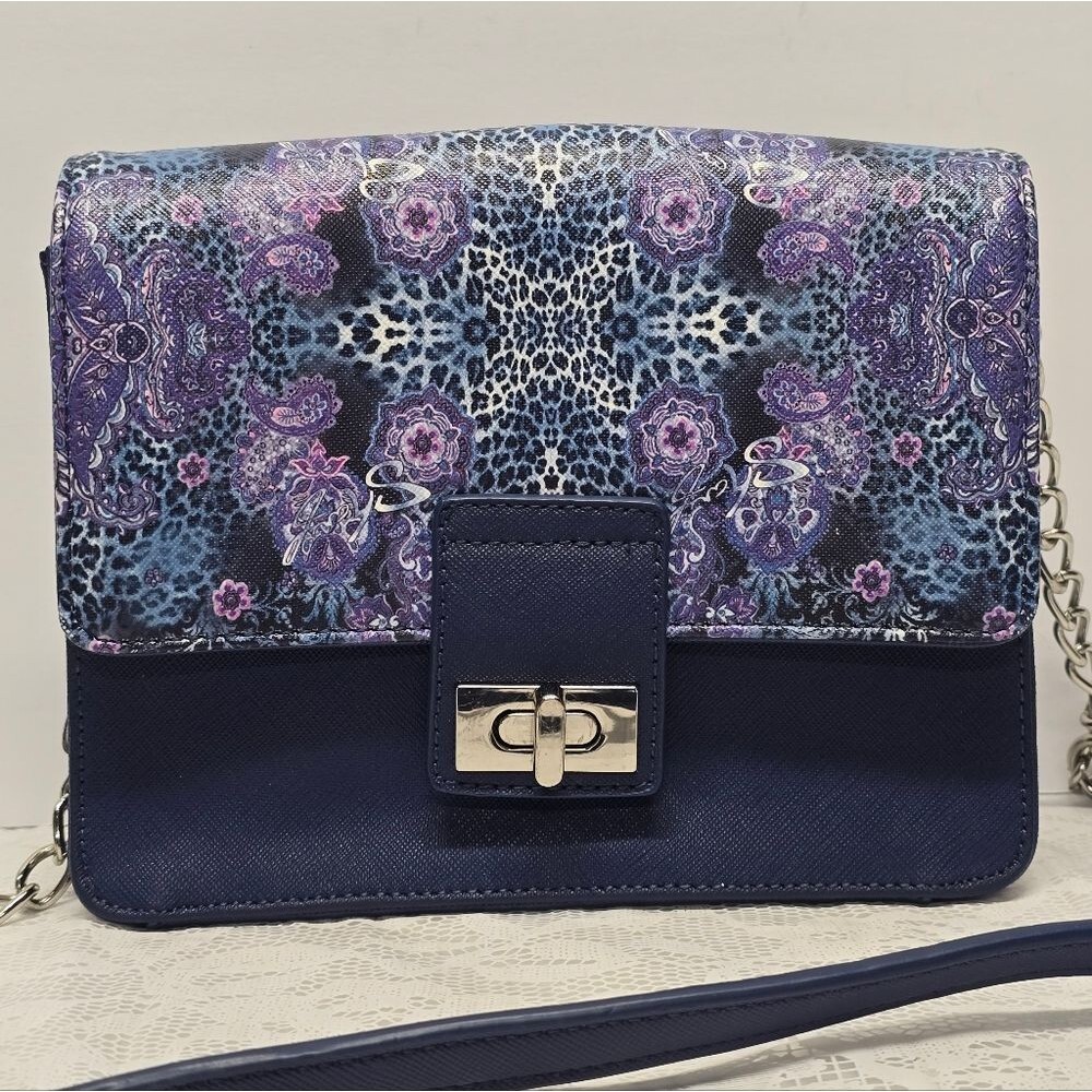 Sharif Navy Purple Saffiano Faux Leather Leopard Paisley Print Crossbody Bag